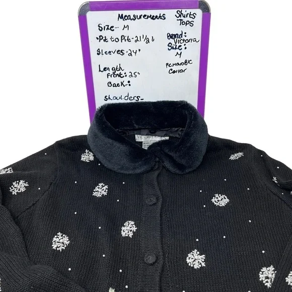 Victoria Jones Embellished Poinsettia Snow Flake Cardigan Removable Fur Collar M - Picture 9 of 14